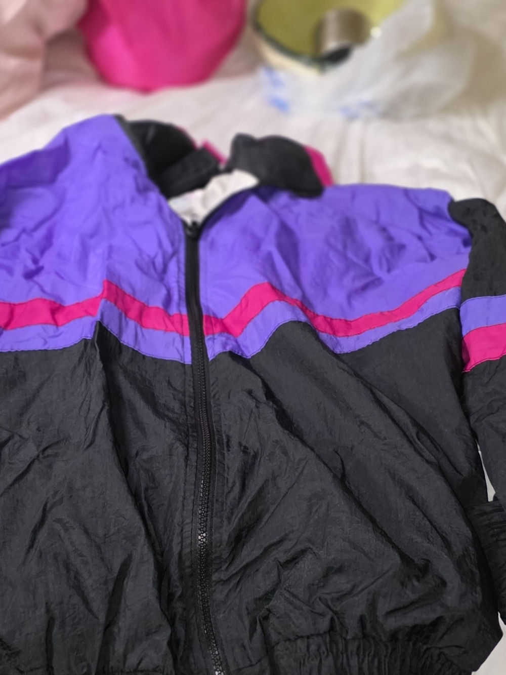 Black Colorblock Jacket with Purple and Pink Accents Nylon Vtg